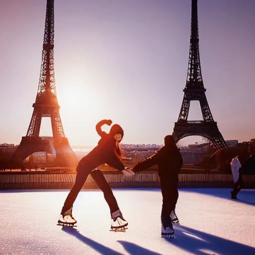 Prompt: extreme long shot, landscape, man and woman with long brown hair ice skating in front of eiffel tower, soft lighting, soft aesthetic, cool pallet, soft focus, lens flare