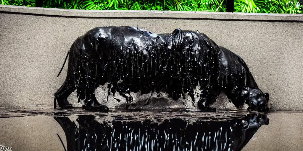 Image similar to the black lioness made of ferrofluid, bathing in the drinking basin in the zoo exhibit, viscous, sticky, full of black goo, covered with black goo, splattered black goo, dripping black goo, dripping goo, splattered goo, sticky black goo. photography, dslr, reflections, black goo, zoo, exhibit