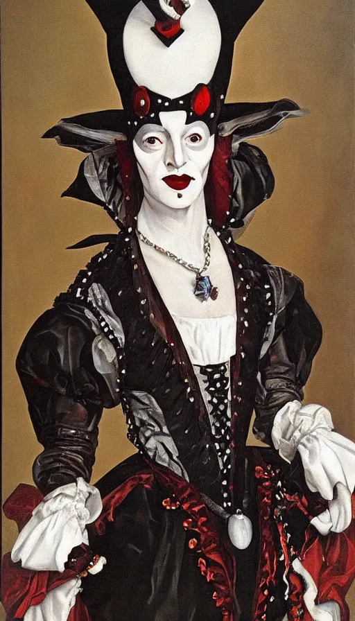 Prompt: evil harlequin white makeup, sixteenth century portrait, exquisitely painted, oil on canvas fantasy surreal art