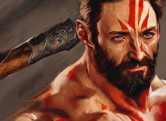 Image similar to a highly detailed beautiful portrait of hugh jackman as kratos, by gregory manchess, james gurney, james jean