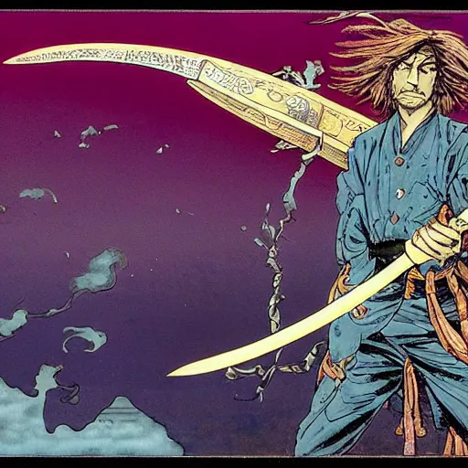 Image similar to Frank Zappa golden Vagabond magic swordsman!!!! glides through a beautiful battlefield. Full body portrait!!! Graphic Novel Panel!!! magic the gathering dramatic esoteric pen and ink illustrated in high detail by Hiroya Oku!!!!!!!, Moebius, and Tatsuki Fujimoto!!!!! shonen jump 2002