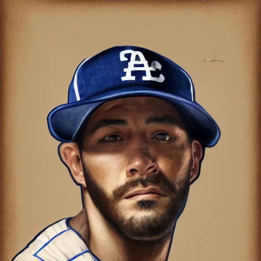 Image similar to portrait painting of los angeles dodger baseball player, unshaven, ultra realistic, concept art, intricate details, serious, highly detailed, photorealistic, octane render, 8 k, unreal engine. art by artgerm and greg rutkowski and alphonse mucha