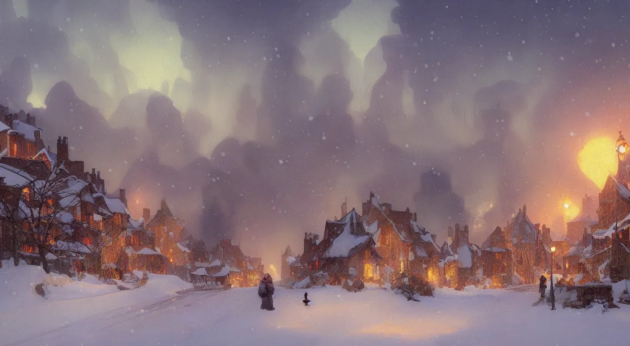 Prompt: A beautiful landscape painting of a small village in the snow at night, smoke rising from the chimneys, by Alfons Maria Mucha and Julie Dillon and Makoto Shinkai