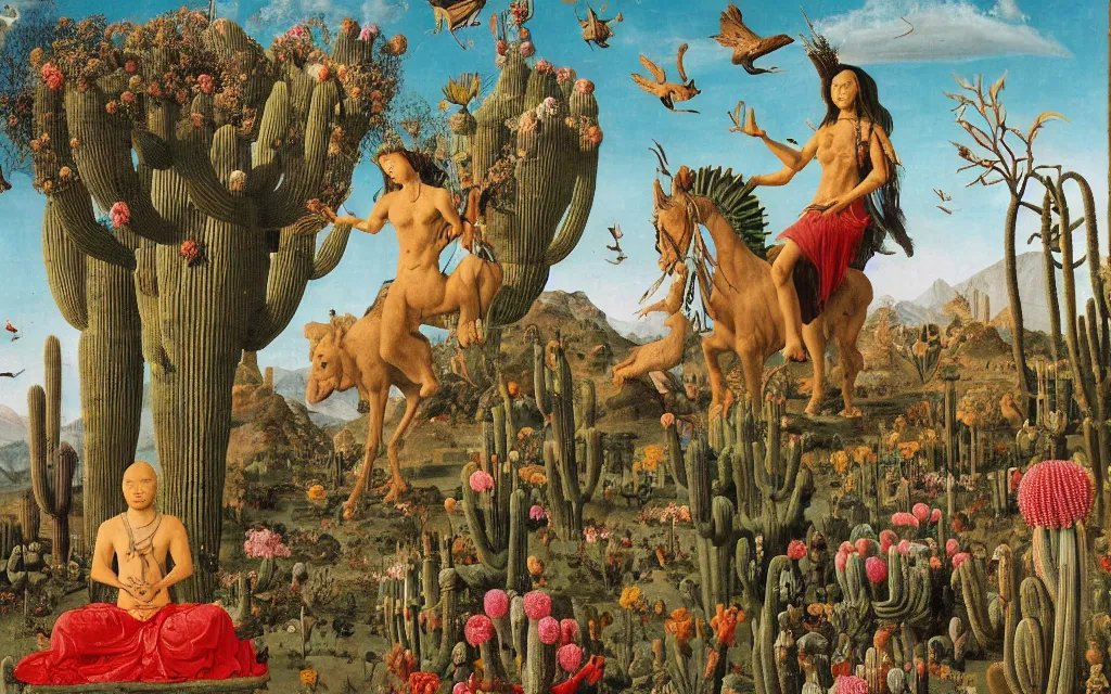 Prompt: a portrait photograph of a meditating sphinx and a centaur king riding birds at a river delta. surrounded by bulbous flowers, animals, trees and cacti. mountain range under a vast blue sky of burning stars. painted by jan van eyck, max ernst, ernst haeckel and ernst fuchs, cgsociety, artstation, fashion editorial