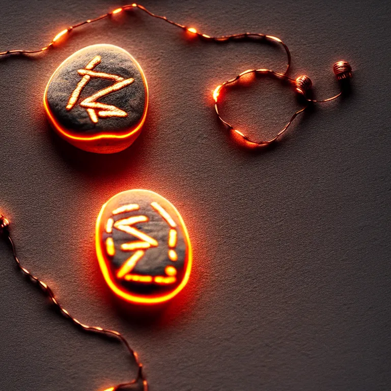 Image similar to photo of a pebble with a glowing runes drawn on it. pebble is completely wrapped with copper wire. lots of copper wire. extremely high details, octane rendering, cgsociety