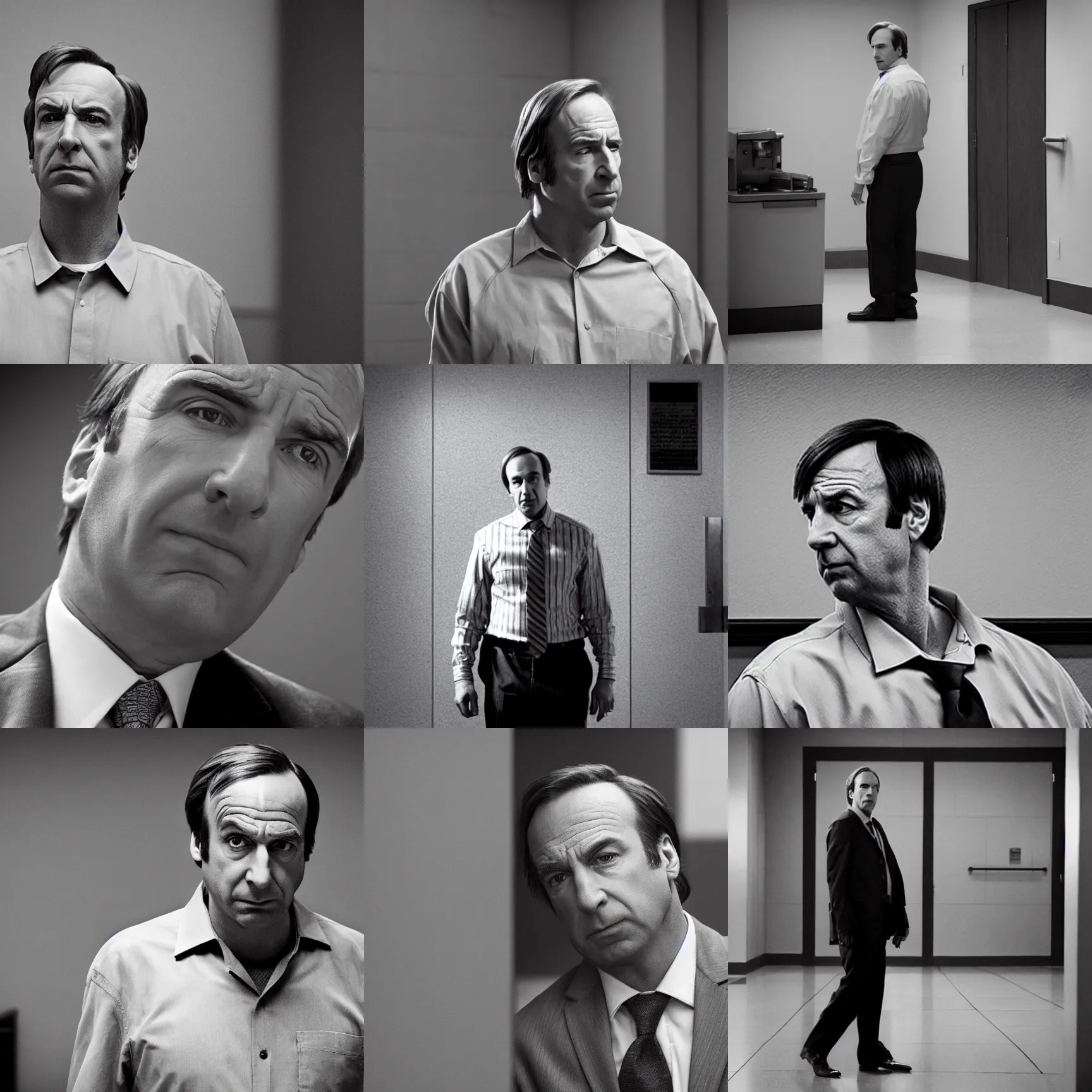 Prompt: saul goodman in prison after being caught in omaha, nebraska, still from better call saul, black and white