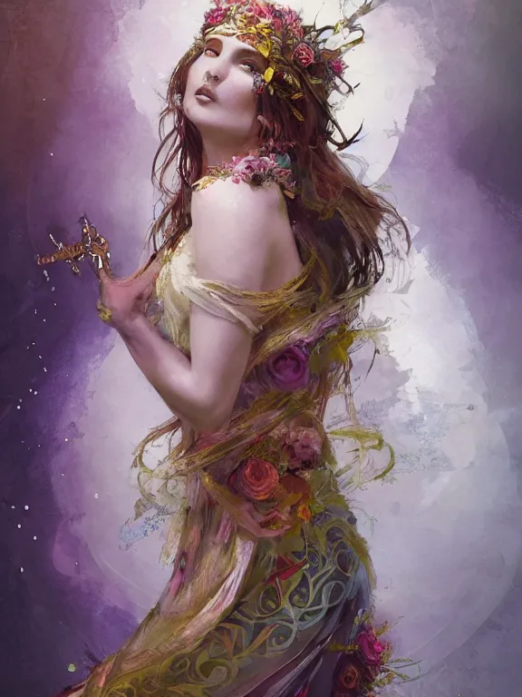 Image similar to Full view Bohemian Maiden goddess of the woods in beautiful dress, 4k digital illustration by Ruan Jia and Alberto Seveso, art nouveau iconography background, stunning portrait, amazing magnificent mystical illustration, award winning art, gold details, rim light, tarot card, intricate details, realistic, full view, Artstation, CGsociety