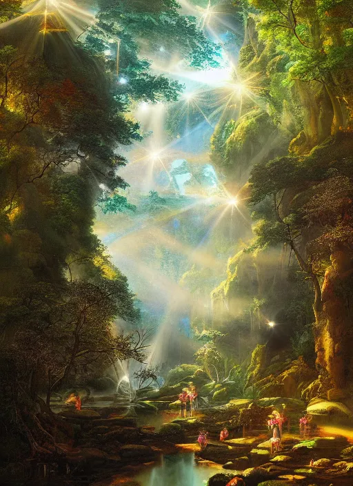 Prompt: a forest oasis, rock pools, harmony of nature, infinite dawn, angelic light, sparkling dew, epic atmosphere, by asher brown durand, by iyoshitaka amano