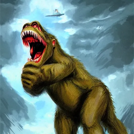 Prompt: t - rex fighting king kong, concept art