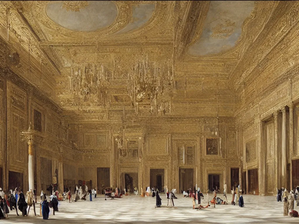 Image similar to Grand Interior of the Sultan's Opulent Palace, art by Ludwig Deutsch