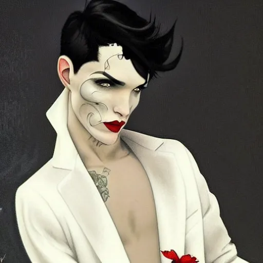 Image similar to stunning portrait of androgynous ruby rose as desire from sandman in a white tuxedo!!!, rockabilly style, by frank moth, by alphonse mucha, by jeremy mann, by peter lindbergh, dave mckean, white suit and black tie, soft lightning, high detailed, 8 k