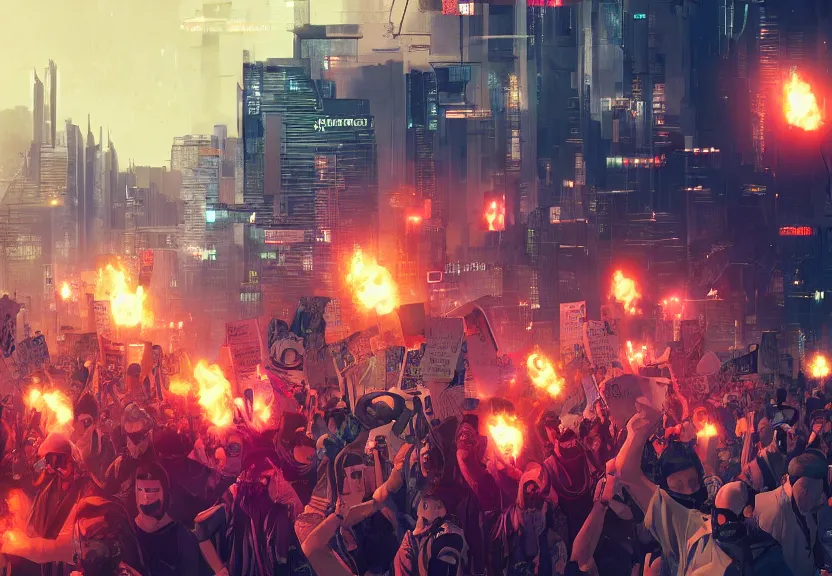 Image similar to angry protesters holding placards, digital illustration by greg rutkowski, android netrunner, cyberpunk city background, colored lighting