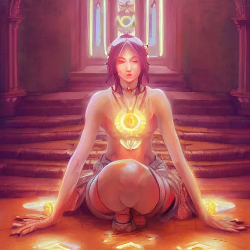 Image similar to Art station concept of a beautiful girl kneeling in front of a religious shrine, Hypnosis, Trance, symmetrical face, smooth body features, by Stanley Artgerm Lau, WLOP, Rossdraws, James Jean, Andrei Riabovitchev, Marc Simonetti, and Sakimichan, trending on artstation