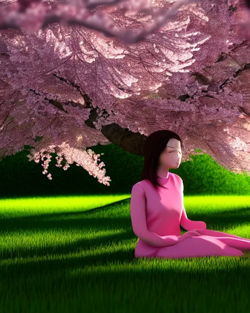 Image similar to a girl sitting in a cherry blossom tree, octane render, 3 d, 8 k