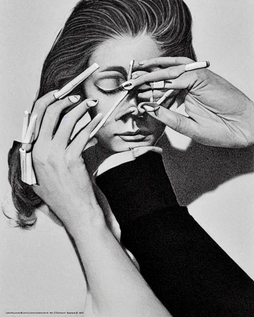 Prompt: you can see in the picture, acurate, real, elegant female hand, holding a cigarette, from the elbow, up to the elbow, only five fingers, separated, elegant, neat nails, realism, style by Maurits Cornelis Escher, 8k,