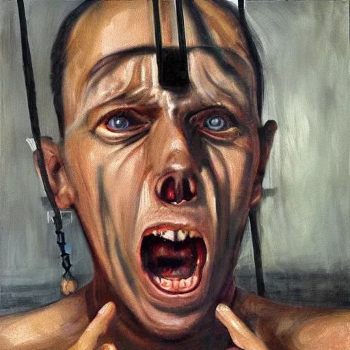 Image similar to a screaming prisoner holding prison bars, realism old painting, oil painting