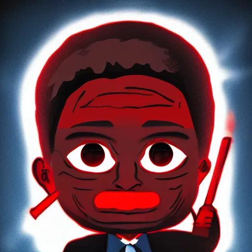 Image similar to Chibi Biden surrounded by darkness with red glowing eyes, highly detailed, realistic, 4k, propaganda