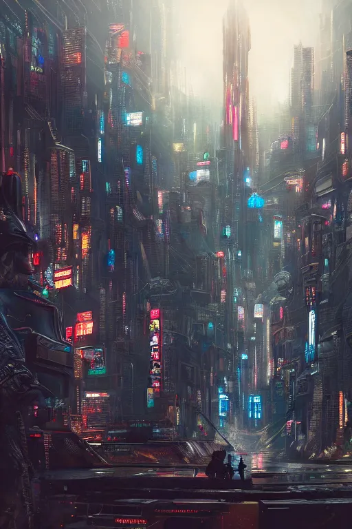 Prompt: digital masterpiece illustration concept art of giant statue in the middle of cyberpunk cityscape, extremely detailed and intricate complexity, epic composition, magical atmosphere, cinematic lighting, wide long shot, trending on artstation, 8 k