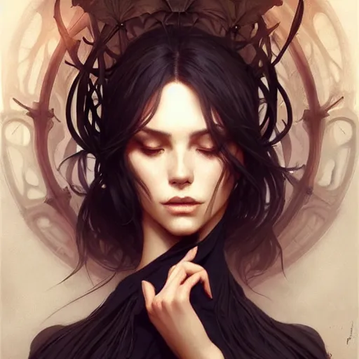 Prompt: beautiful natural dark witch, intricate, elegant, highly detailed, digital painting, artstation, concept art, smooth, sharp focus, illustration, art by artgerm and greg rutkowski and alphonse mucha and loish and WLOP