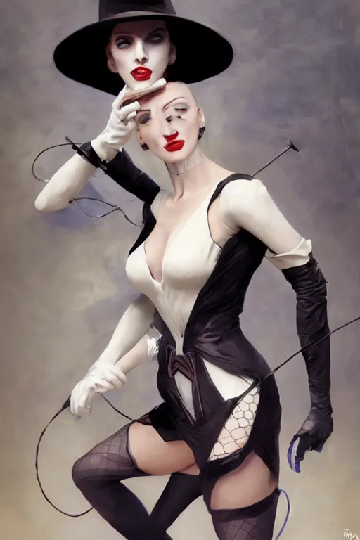 Image similar to full figure portrait of Zatana, pale, haunted, in tophat and tailcoat, legs wrapped in fishnet stockings, shushing the camera, dc comics, cyberpunk, Warhammer 40000, dark fantasy, digital art from artstation by Ruan Jia and Mandy Jurgens and Artgerm and william-adolphe bouguereau