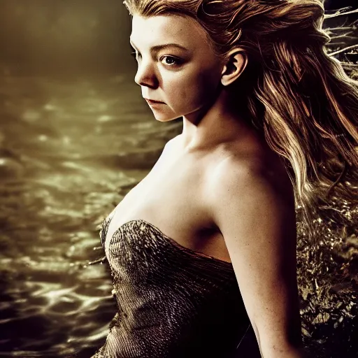 Image similar to natalie dormer as a mermaid, highly detailed award winning fantasy photography, backlit, album cover