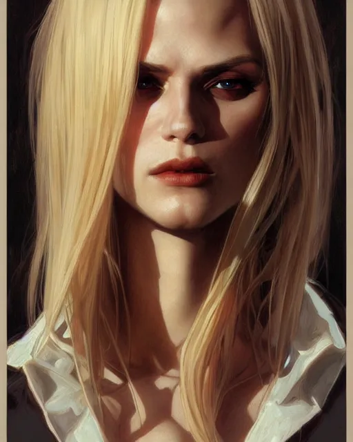 Image similar to portrait of a blonde vampire, dark, piercing eyes, gentle expression, elegant clothing, photorealistic, highly detailed, artstation, smooth, sharp focus, art by michael whelan, artgerm, greg rutkowski and alphonse mucha