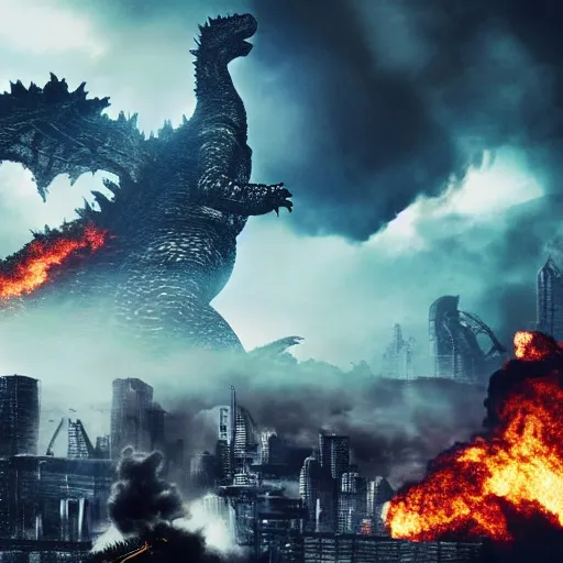 Image similar to photograph of Godzilla destroying a futuristic city, military helicopters in the sky, smoke and destruction, highly detailed, cinematic, photorealistic