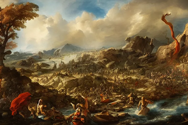 Image similar to landscape of the aftermath of an ancient battle, the art of god of war, digital art by giovanni paolo pannini