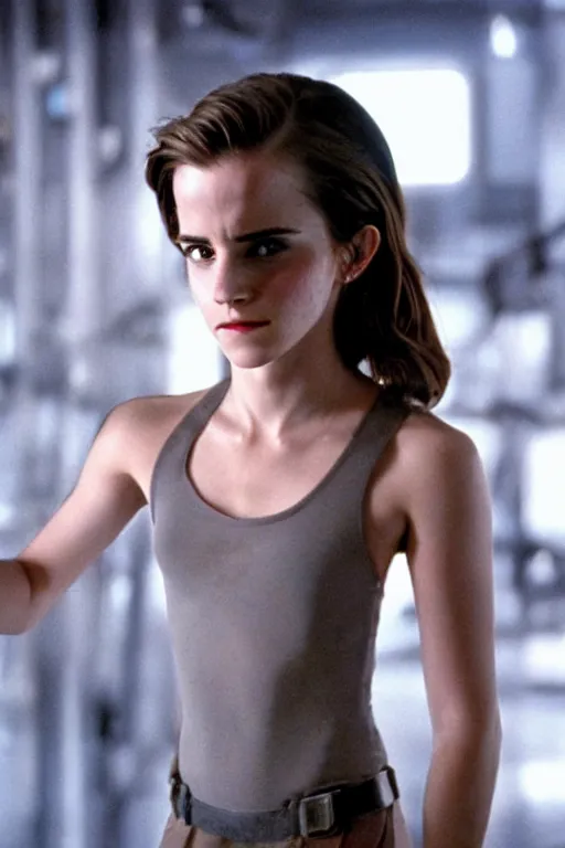 Image similar to a cinematic still of Emma Watson as The T-1000 . Terminator 2 Judgement Day.