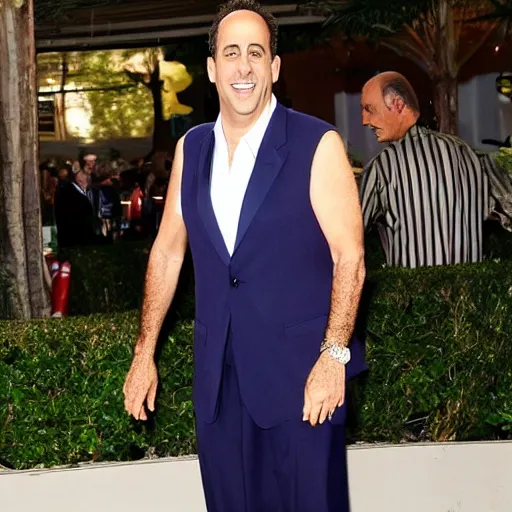 Prompt: a full body beautiful photo of jerry seinfeld wearing a woman's dress