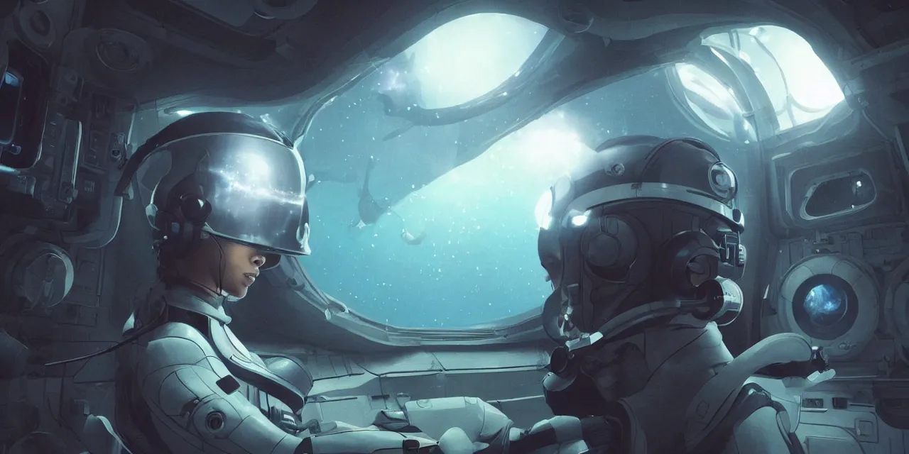 Prompt: Zoe Kravitz with short hair as a futuristic astronaut, outside large window of ship, helmet with HUD led lights, underwater in the ocean at night, dark water, volumetric lighting, glowing lights, 4k, octane, digital painting, artstation, concept art, sharp focus, illustration, cinematic film still, art by artgerm and greg rutkowski and alphonse mucha , wide angle view,