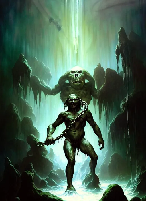 Image similar to shackled in styx river of the underworld, frank frank frazetta and cgsociety, stunning sasquatch, blood splatters, charlie bowater and tom bagshaw, insanely detailed, deviantart, space art, atoms surrounded by skulls, death, and spirits flying, water fall, horror, sci - fi, surrealist painting, by peter mohrbacher