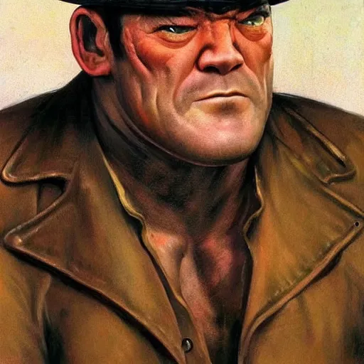 Image similar to ultra realistic david koechner as sagat from street fighter, painting by frank frazetta, 4 k, ultra realistic, highly detailed,