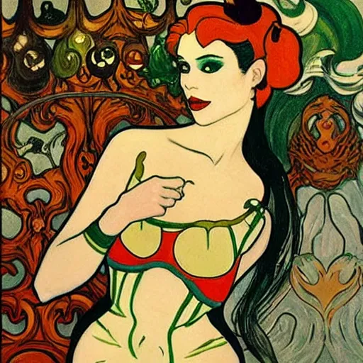 Prompt: harley quinn at the cucumber soup party, elegant, clear, alphonse mucha, vincent van gogh, egon schiele,