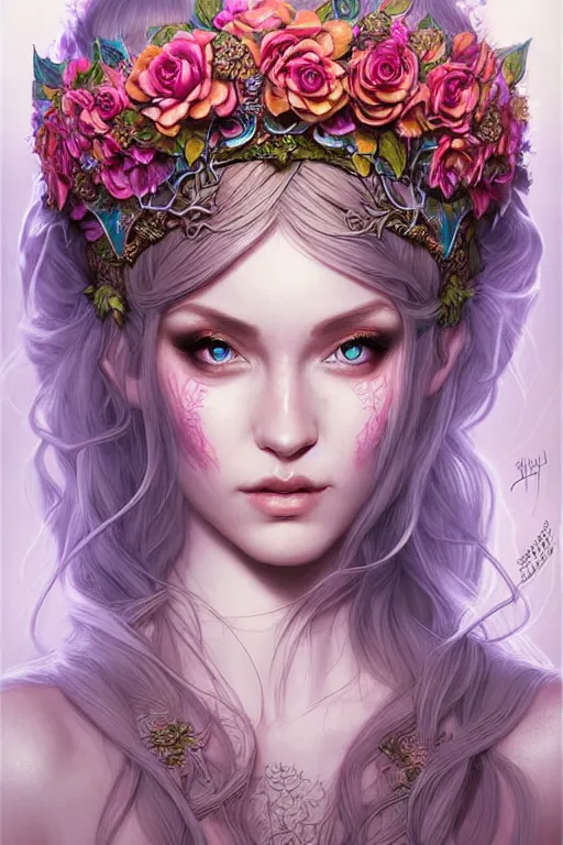 Image similar to digital art, centered elven bride, vivid flower crown ,intricate, veins, by James Jean and by artgerm , ultradetailed, charachter design, concept art, trending on artstation,