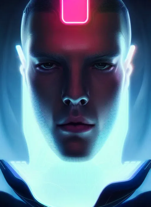 Image similar to portrait of modern male humanoid, intricate, very futuristic, elegant, cyber neon lights, highly detailed, digital photography, trending in artstation, trending in pinterest, glamor pose, concept art, smooth, sharp focus, art by artgerm and greg rutkowski