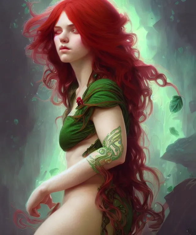 Image similar to Fae teenage girl, portrait, face, long red hair with green highlights, fantasy, intricate, elegant, highly detailed, digital painting, artstation, concept art, smooth, sharp focus, illustration, art by artgerm and greg rutkowski and alphonse mucha