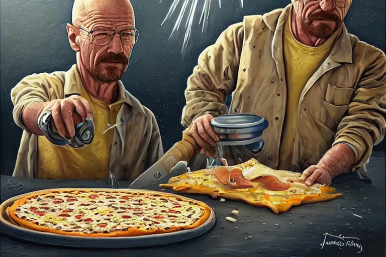 Prompt: a highly detailed portrait of walter white making pizza! in the desert, steaming hot sun in the sky, holding a blowtorch and a pizza peel, intense heat, post - apocalyptic vibe, full body, wide angle, an ultrafine detailed painting by joe fenton, trending on deviantart, pop surrealism, whimsical, lowbrow, perfect symmetrical face, sharp focus, octane, masterpiece