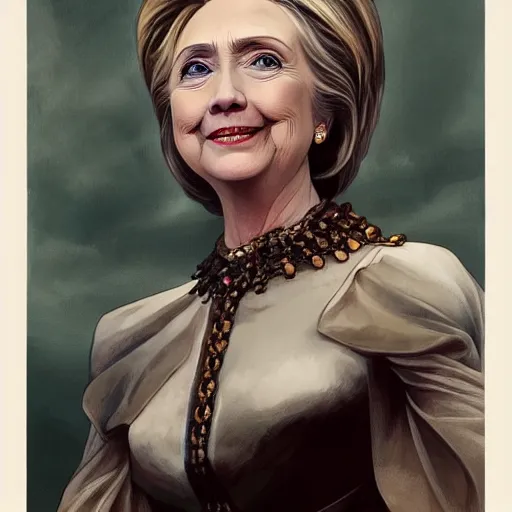 Image similar to Hillary Clinton holding up italian hands, as a fantasy magic woman portrait, sci-fi, amber eyes, face, long hair, fantasy, intricate, elegant, highly detailed, digital painting, artstation, concept art, smooth, sharp focus, illustration, art by artgerm and greg rutkowski and alphonse mucha