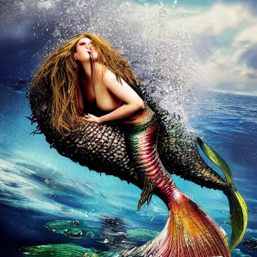 Prompt: a sad mermaid smothered in motor oil and thrash, wildlife photography, ultra realistic, intricate details, highly detailed, photorealistic, 8 k