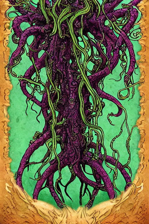 Prompt: ancient eldritch plant horror cthulhu, concept art, digital art, tarot card