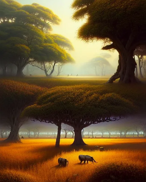 Image similar to a hyper - detailed 3 d render like an oil painting of illusions of the black oak savanna ecosystem, surrealism!!!!! surreal concept art, lifelike, photorealistic, digital painting, aesthetic, smooth, sharp focus, artstation hd, by greg rutkowski, bruce pennington, valentina remenar, rhads, asher duran,