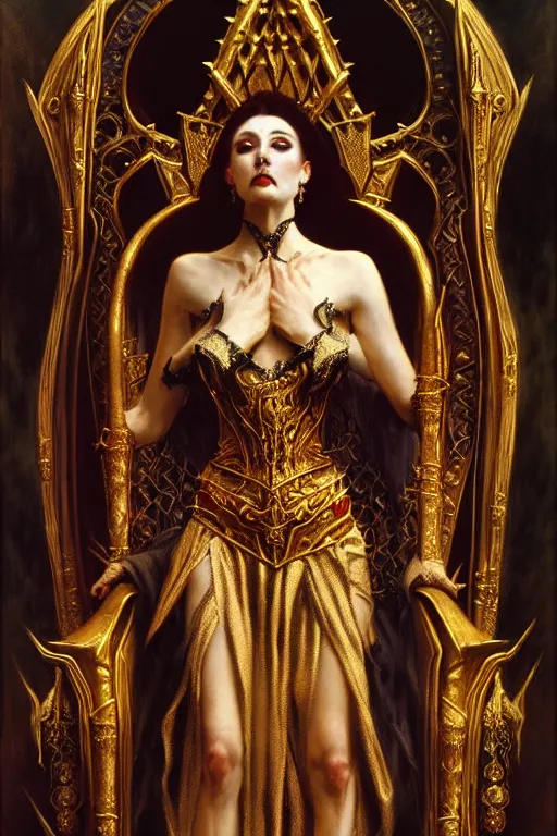 Image similar to full body portrait of beautiful vampire queen in gold gothic robe sitting on a throne of bones, elegant, highly detailed painting by gaston bussiere, craig mullins, j. c. leyendecker, 8 k, mid shot