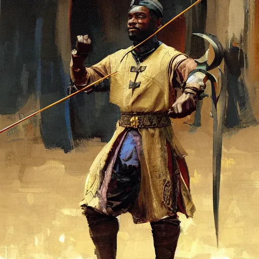 Image similar to portrait of black man wearing medieval clothes aiming a bow, detailed by greg manchess, craig mullins, bernie fuchs, walter everett