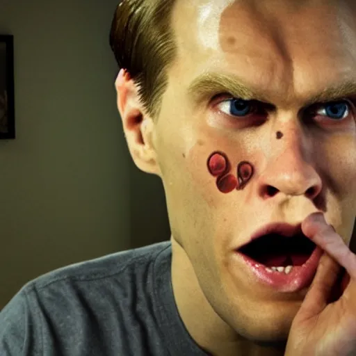 Image similar to Live Action Still of Jerma in Psycho, real life, hyperrealistic, ultra realistic, realistic, highly detailed, epic, HD quality, 8k resolution, body and headshot, film still