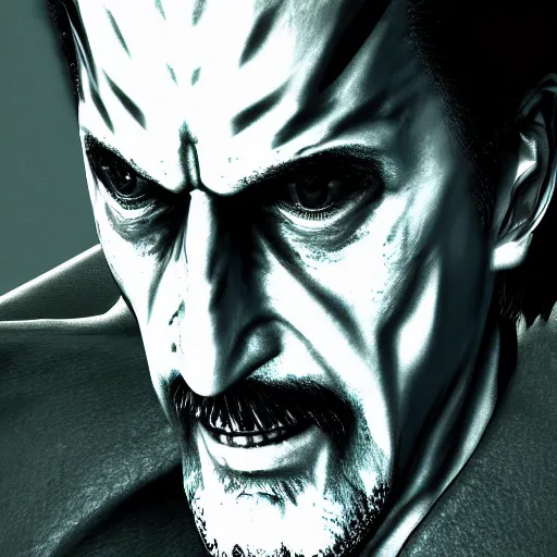 Image similar to Frank Zappa as a Metal Gear Solid Villain 2005 JRPG cinema 4d render, Ray tracing reflection, natural lighting, Unreal Engine award winning photography