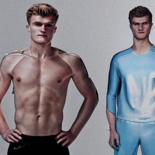 Image similar to a realistic detailed photo of a guy who is an attractive humanoid who is half robot and half humanoid, who is a male android, soccer players martin ødegaard & timo werner, shiny skin, posing like a statue, blank stare, in a living room, on display, showing off his muscles, gold soccer shorts, side view, repairing the other one