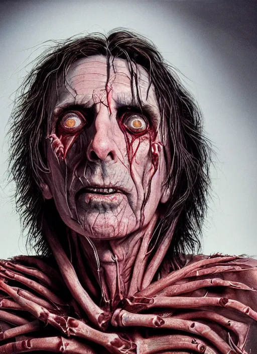 Prompt: portrait of alice cooper with translucent skin, visible muscles and veins and arteries and bones and spines and nerves, beautiful detailed intricate insanely detailed octane render, 8 k artistic photography, photorealistic, chiaroscuro, by david cronenberg, raphael, caravaggio