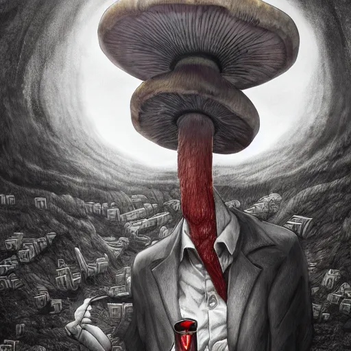 Image similar to a centered chest up portrait of a psychedelic demonic anthropomorphic mushroom - man smoking a hand - rolled cigarette smoking heavily, magic mushroom village in background. award winning. superb resolution. in the art style of junji ito and greg rutkowski. detailed mushroom city in background. hyper realistic anime. perfect art. dalle 2