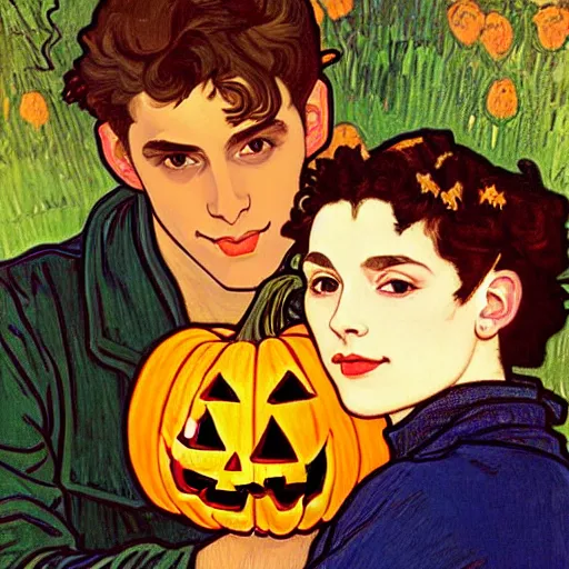 Image similar to painting of handsome young delicate beautiful jeffrey in his 2 0 s with brown hair and gorgeous rina together at the jack o'lantern halloween party holding pumpkins, elegant, clear, painting, stylized, art, art by alphonse mucha, vincent van gogh, egon schiele,